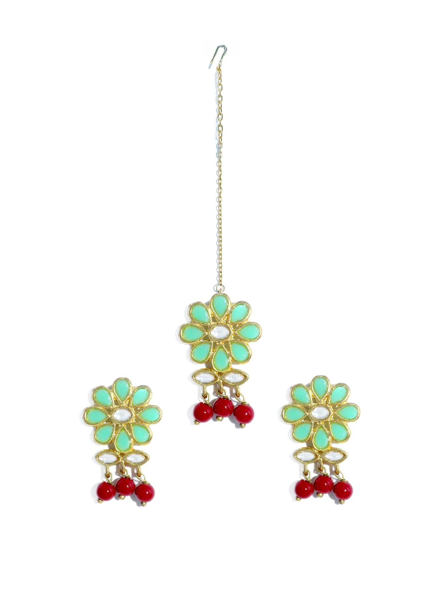 Gold Plated Red Beads Lime Green Kundan Dangler Earrings with Maangtikka for Women