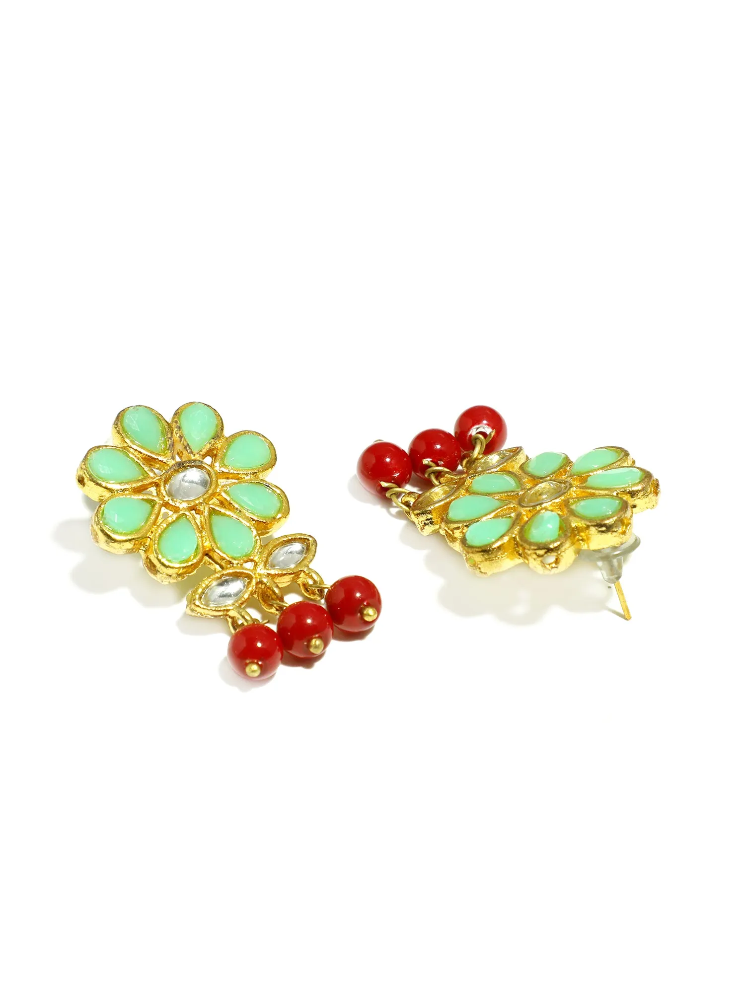 Gold Plated Red Beads Lime Green Kundan Dangler Earrings with Maangtikka for Women