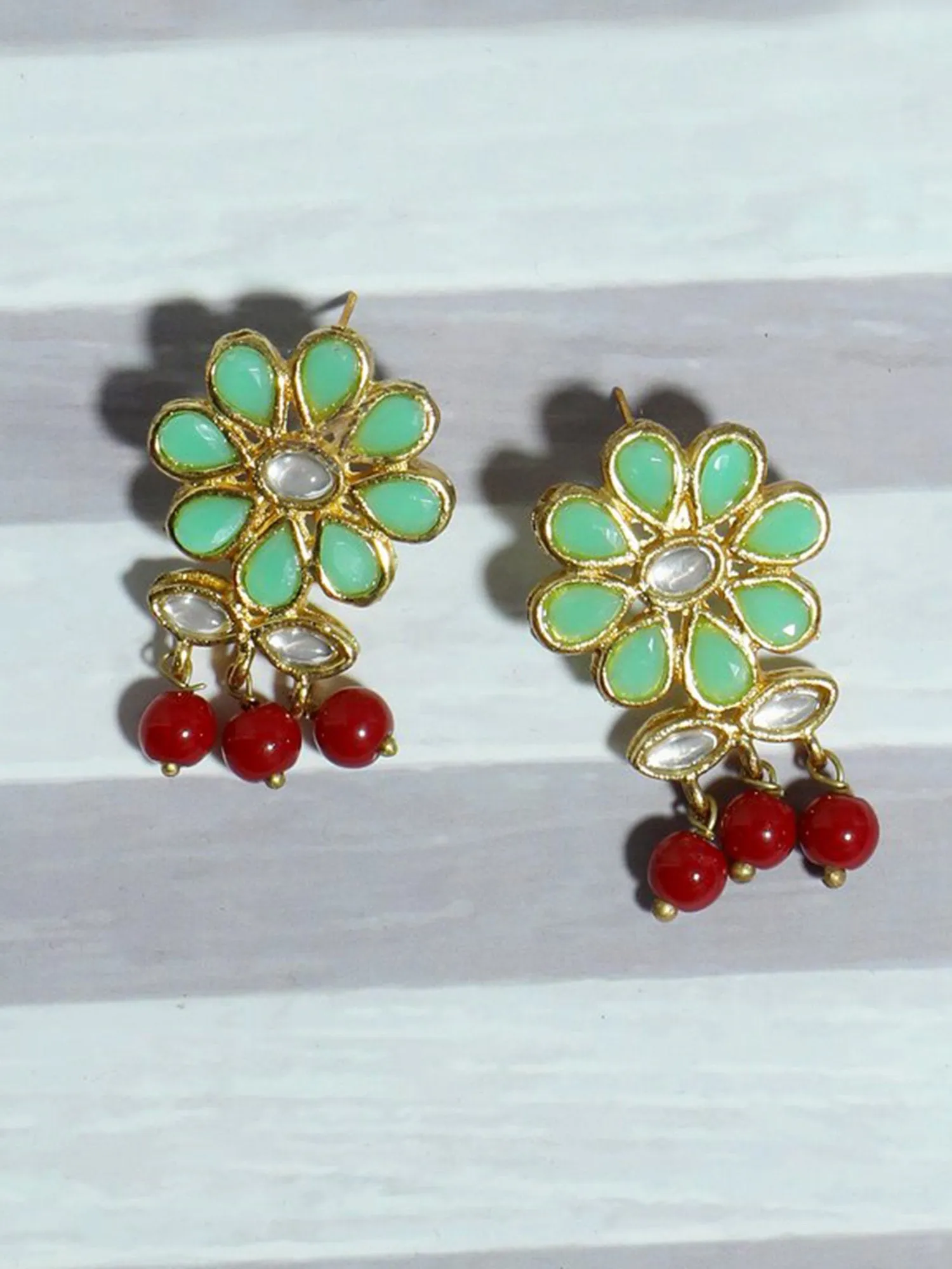 Gold Plated Red Beads Mint Green Kundan Dangler Earrings for Women