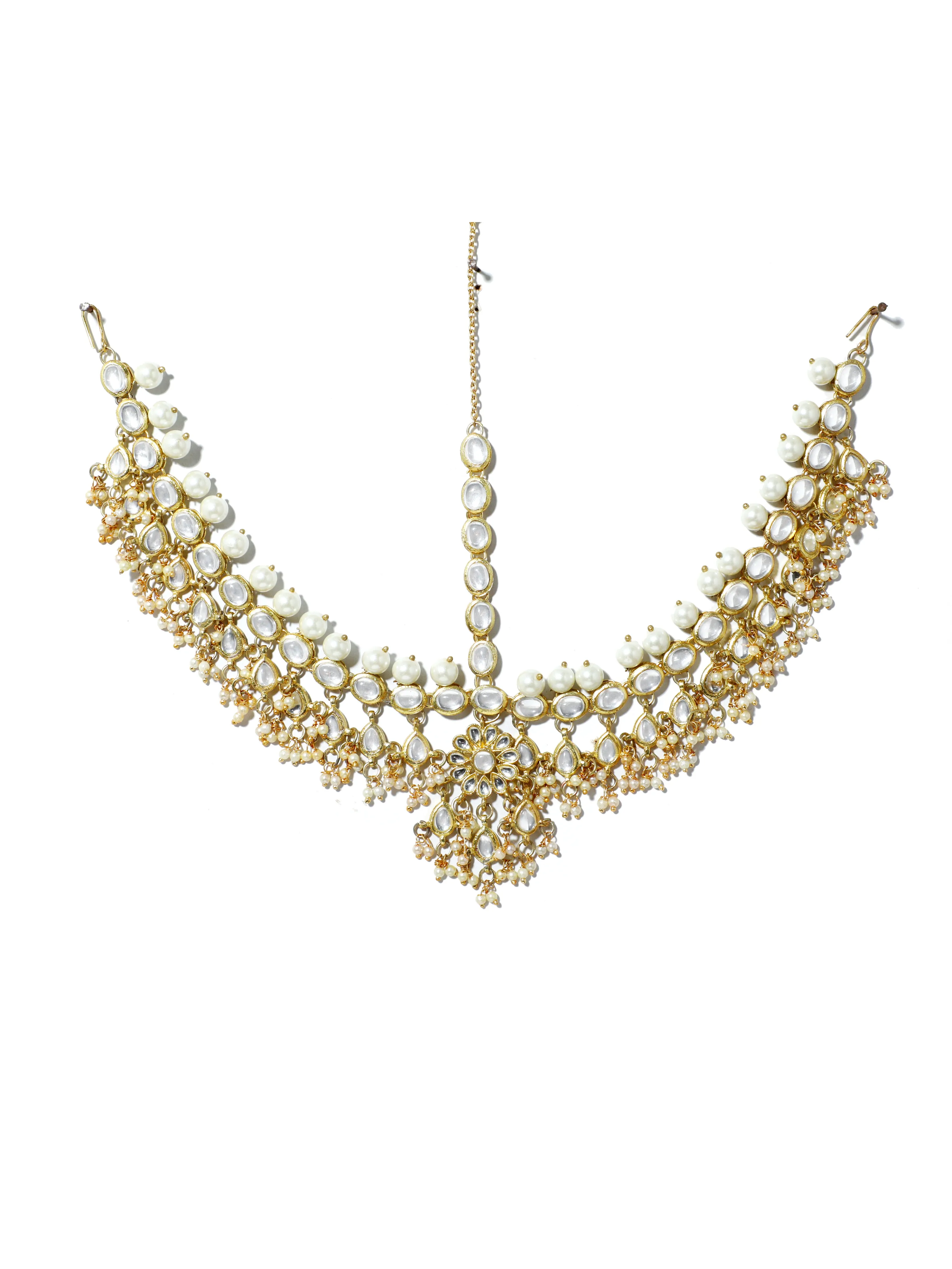 Gold-Tone Pearl Beads and Tassels Kundan Mathapatti