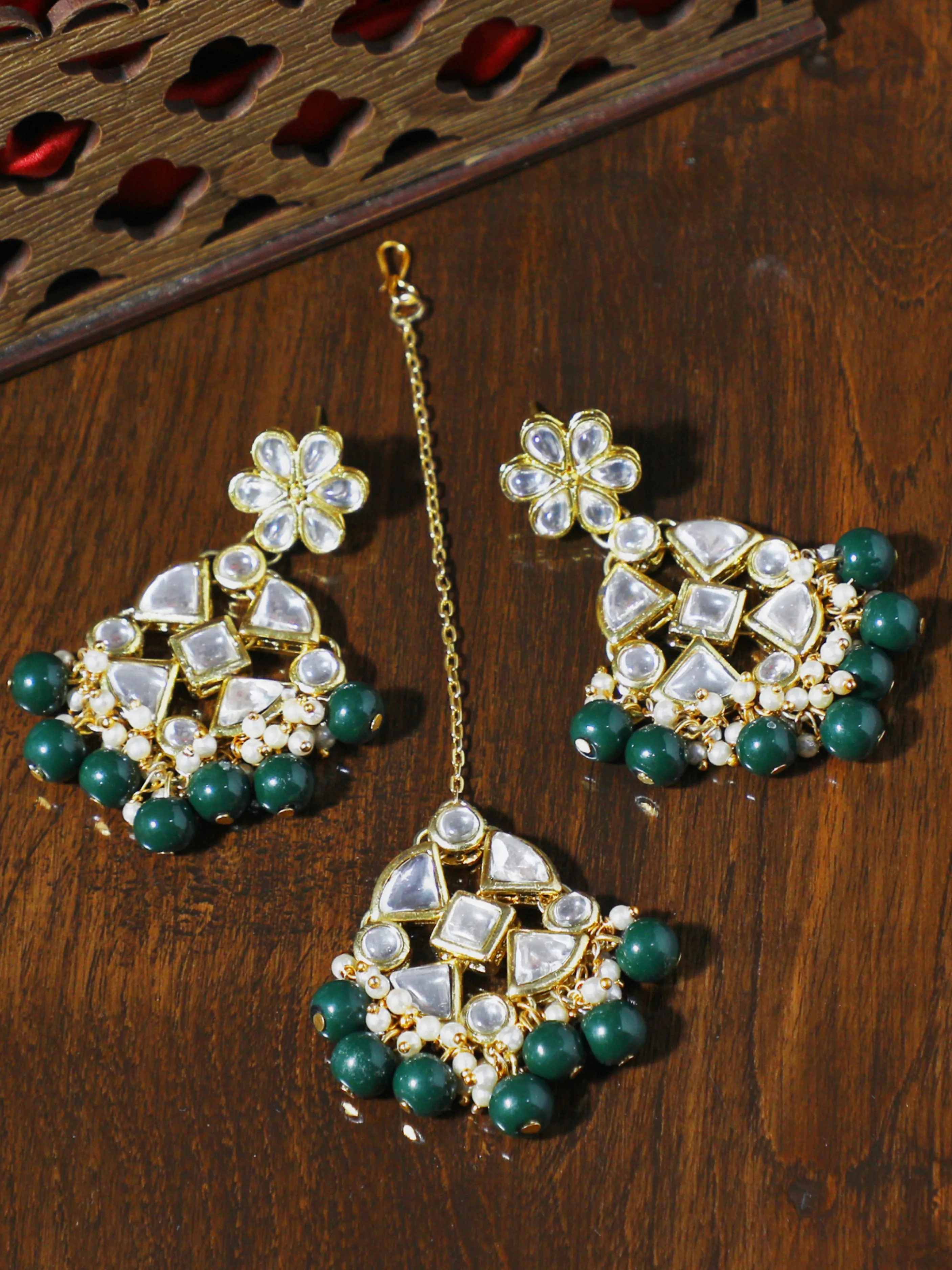 Green Beads Kundan Dangler Earrings with Maangtikka