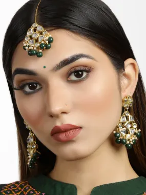 Green Beads Kundan Dangler Earrings with Maangtikka