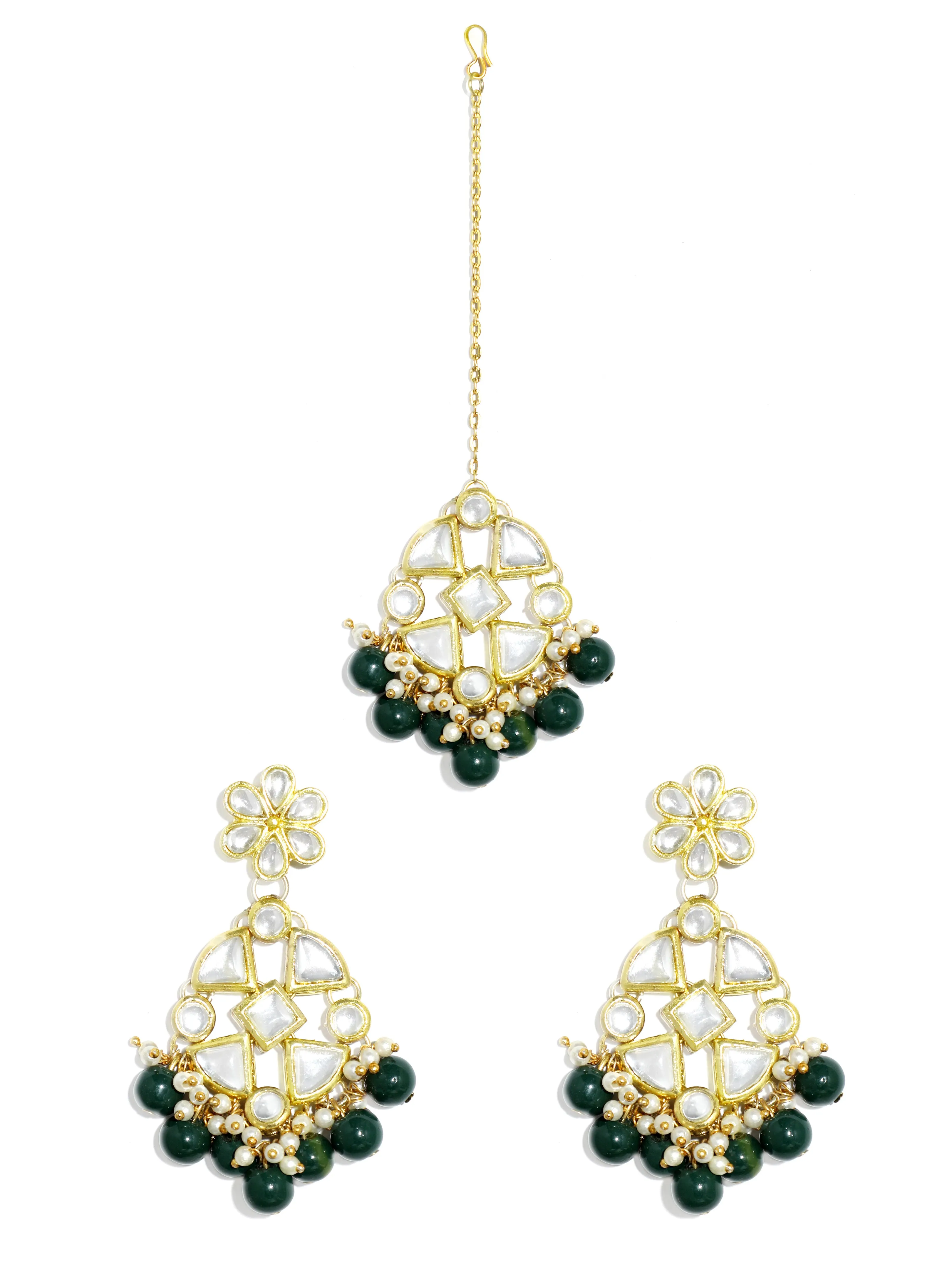 Green Beads Kundan Dangler Earrings with Maangtikka