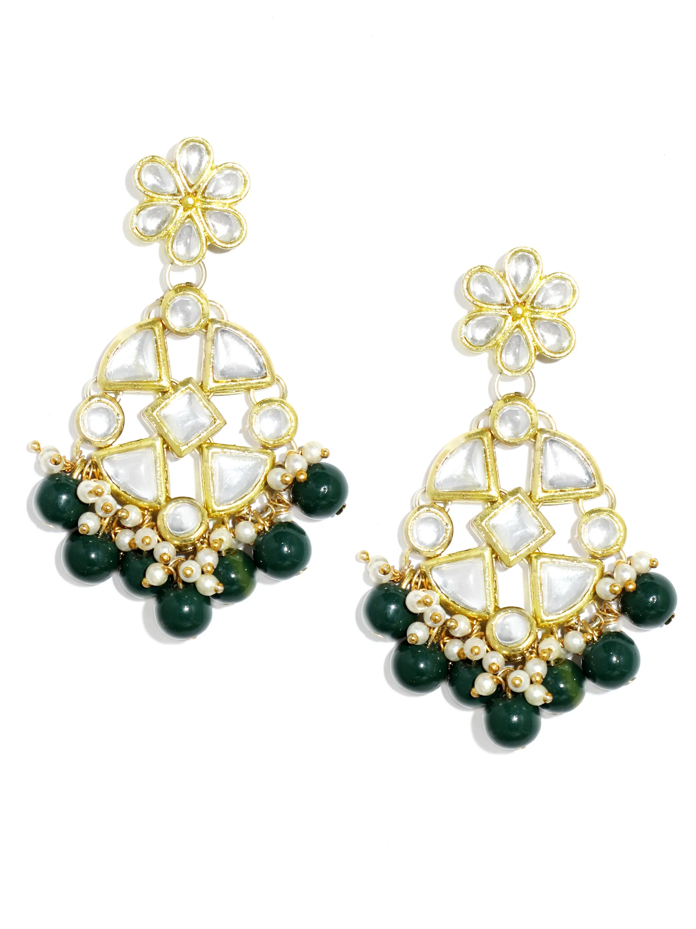 Green Beads Kundan Dangler Earrings with Maangtikka