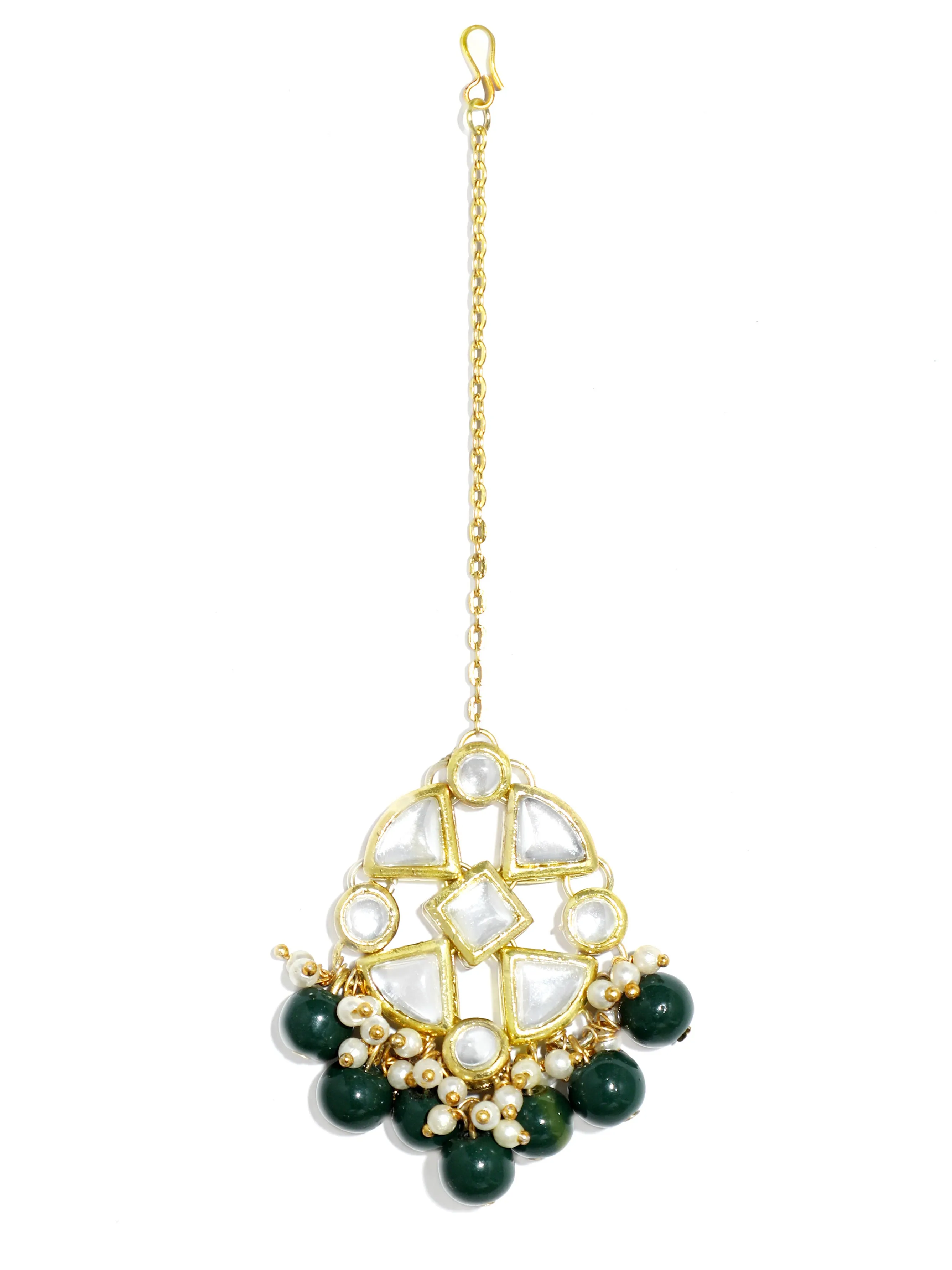 Green Beads Kundan Dangler Earrings with Maangtikka