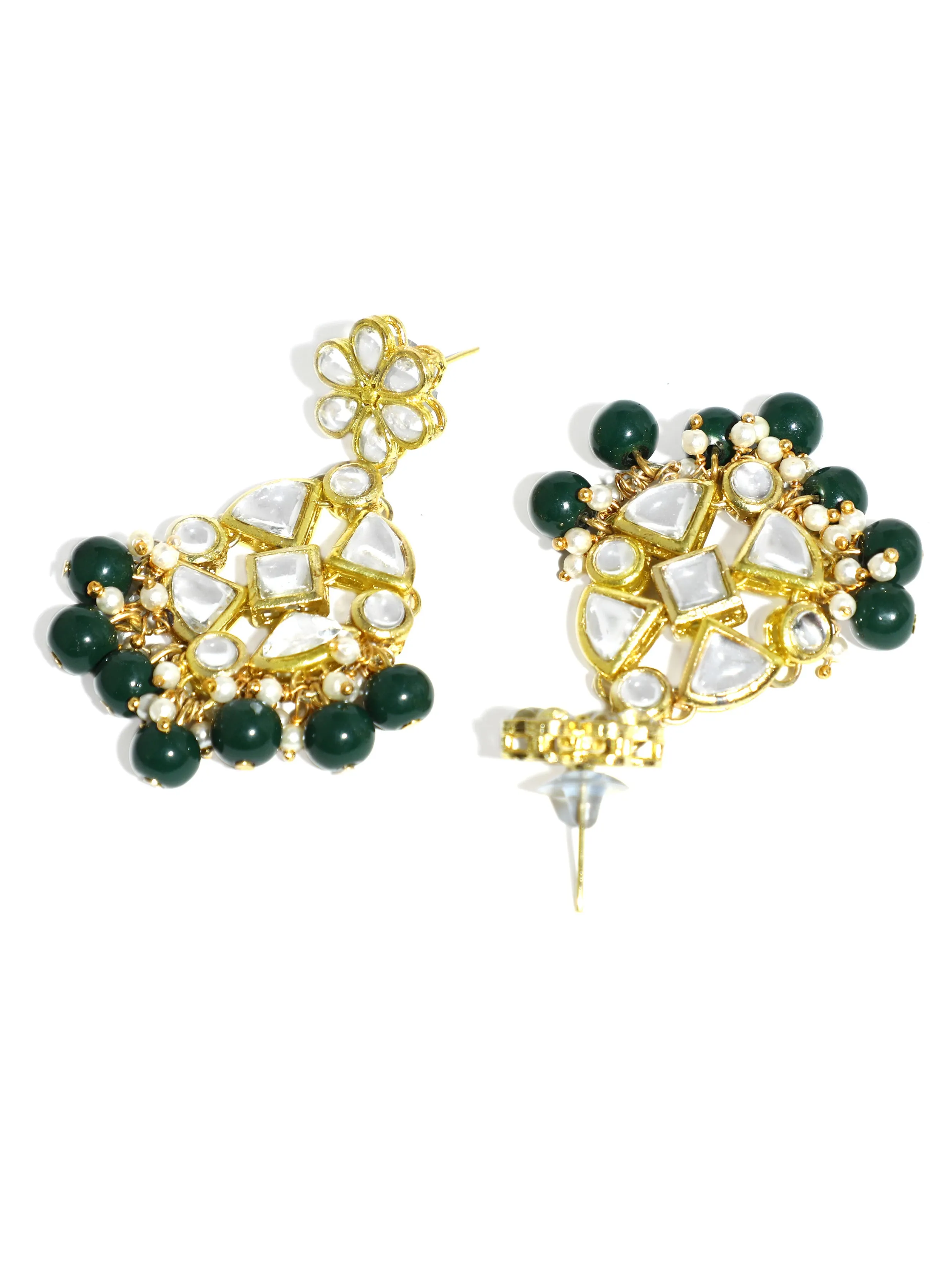 Green Beads Kundan Dangler Earrings with Maangtikka