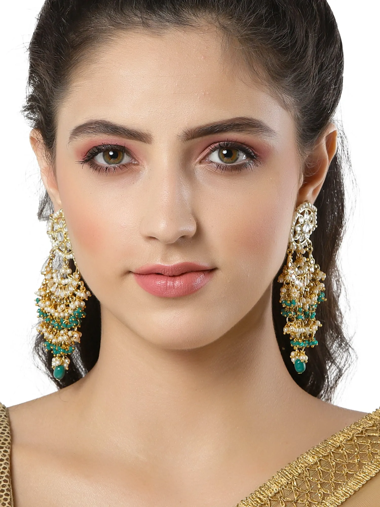 Green Crystal and Pearl Kundan Dangler Earrings for Women