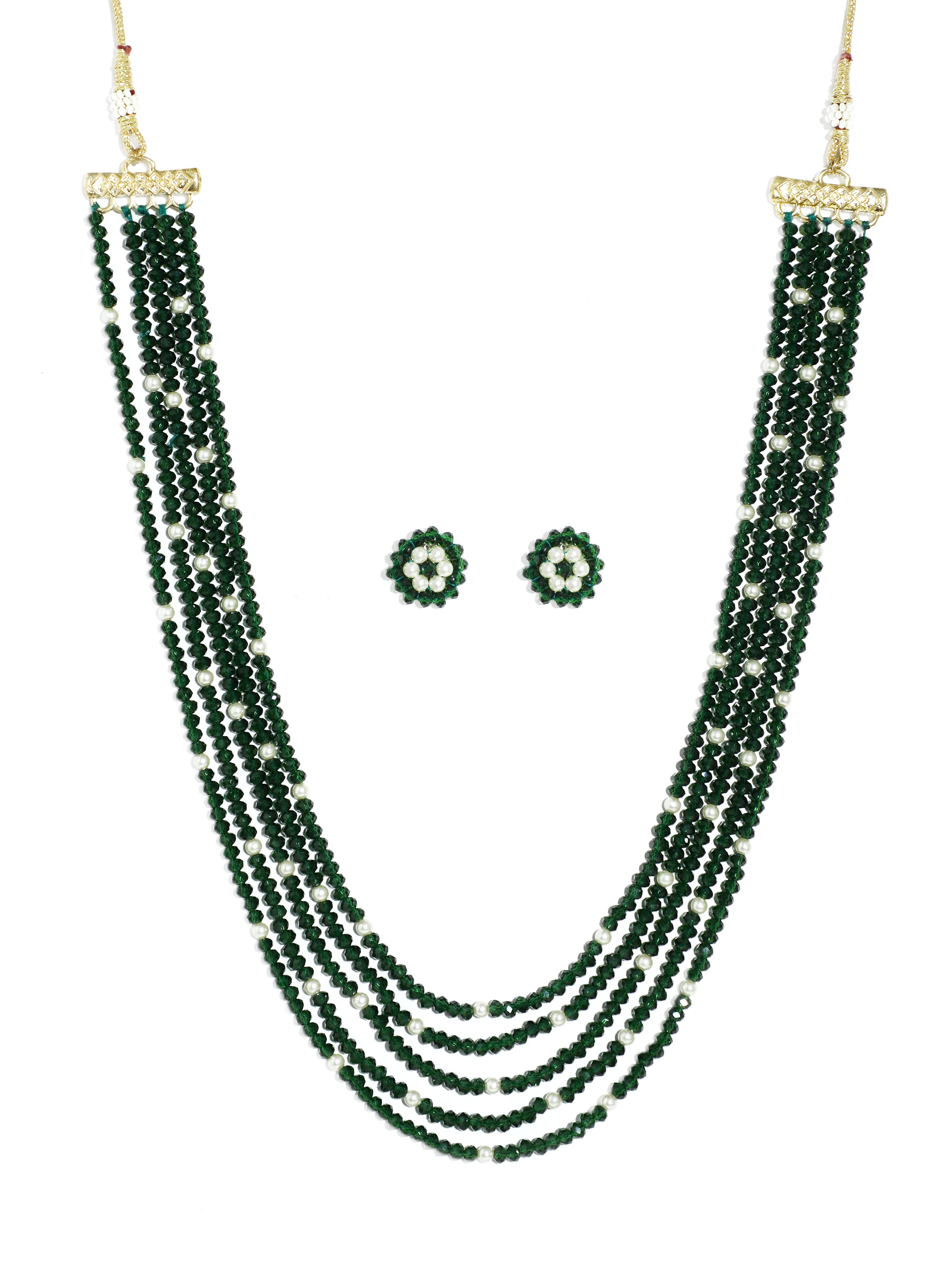 Green Crystal Beads Multi-Strand Rani Haar Necklace Set