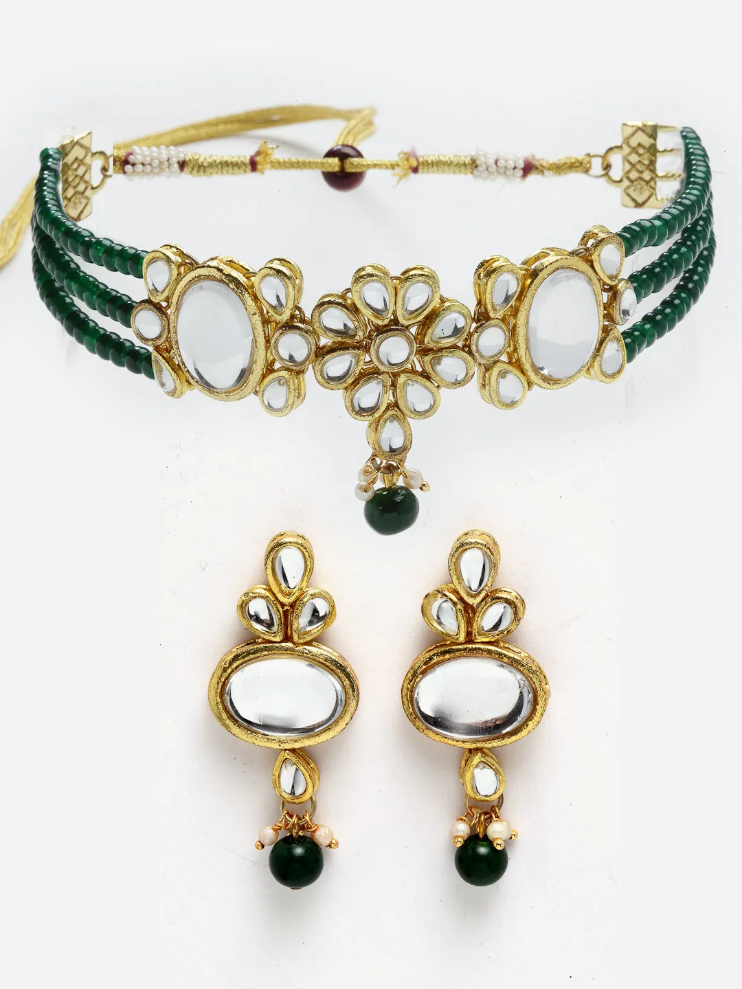 Green Multistrand Embellished Kundan Choker Necklace Set