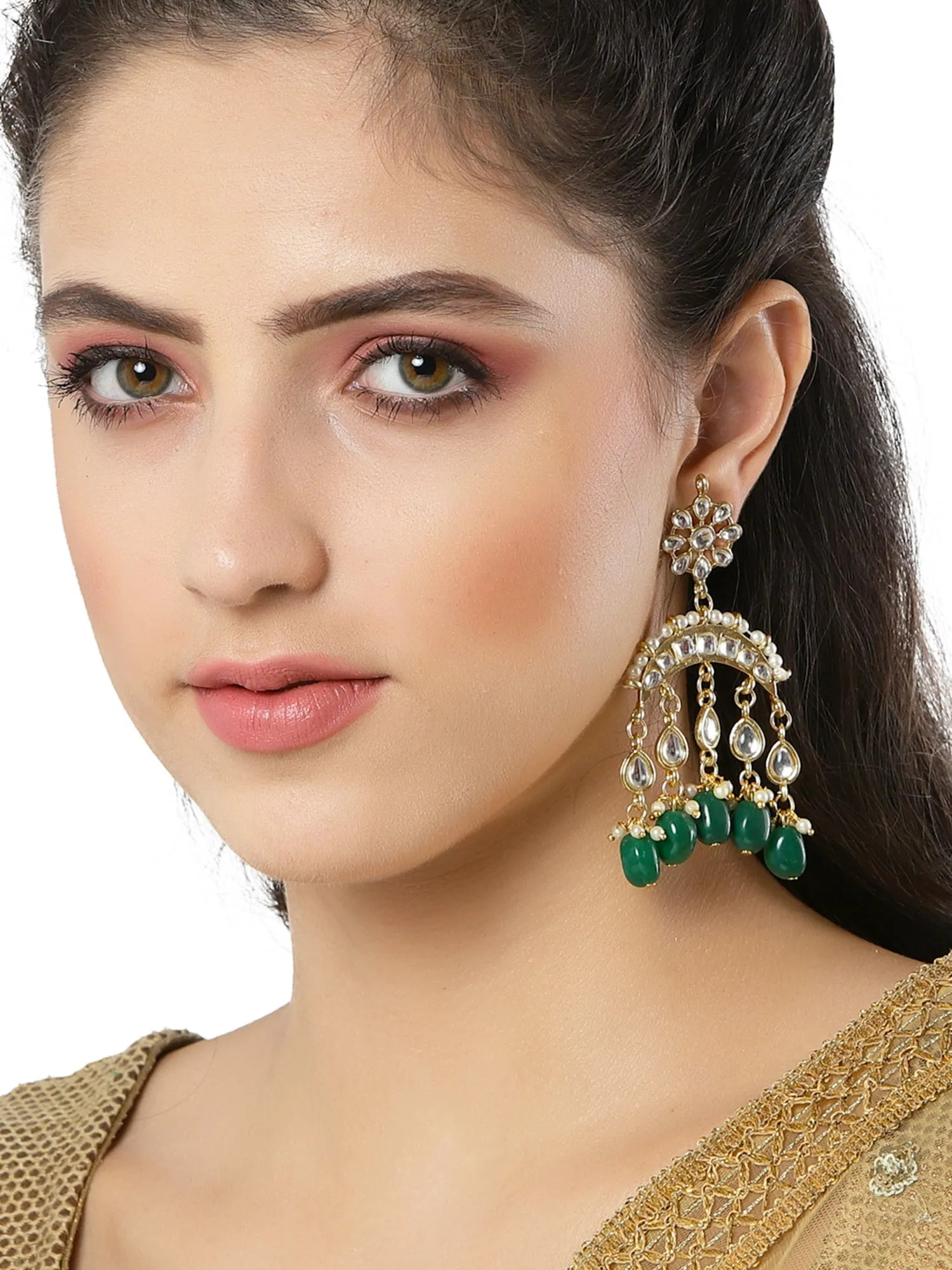 Green Tumble Kundan Dangler Earrings for Women