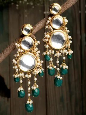 Green Tumble Polki Kundan Dangler Earrings for Women