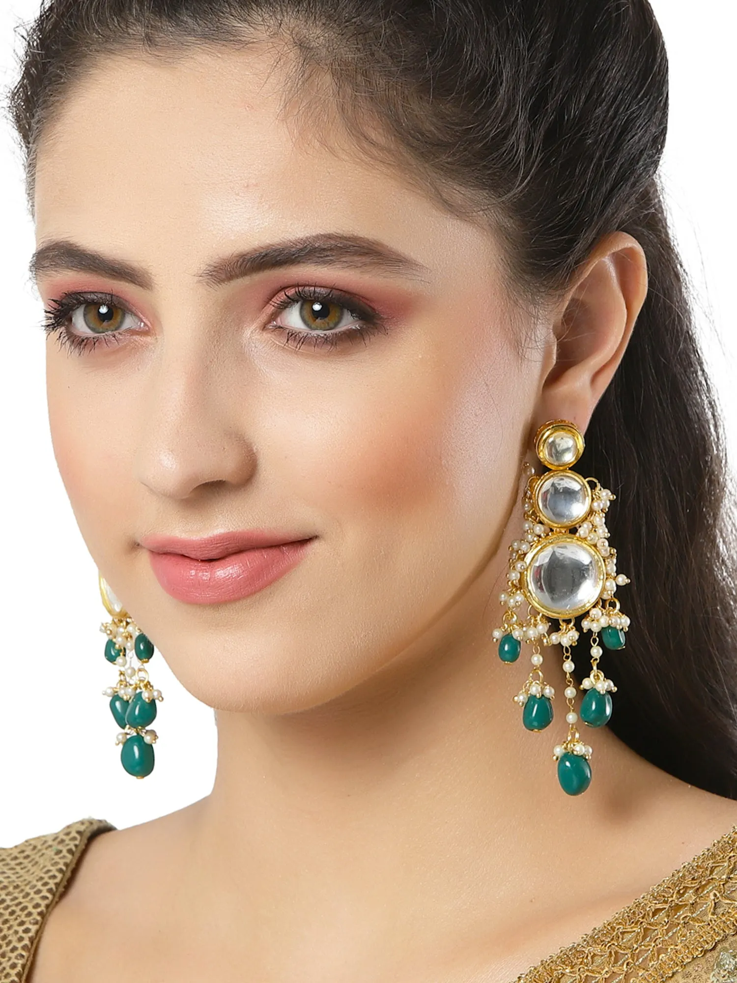 Green Tumble Polki Kundan Dangler Earrings for Women