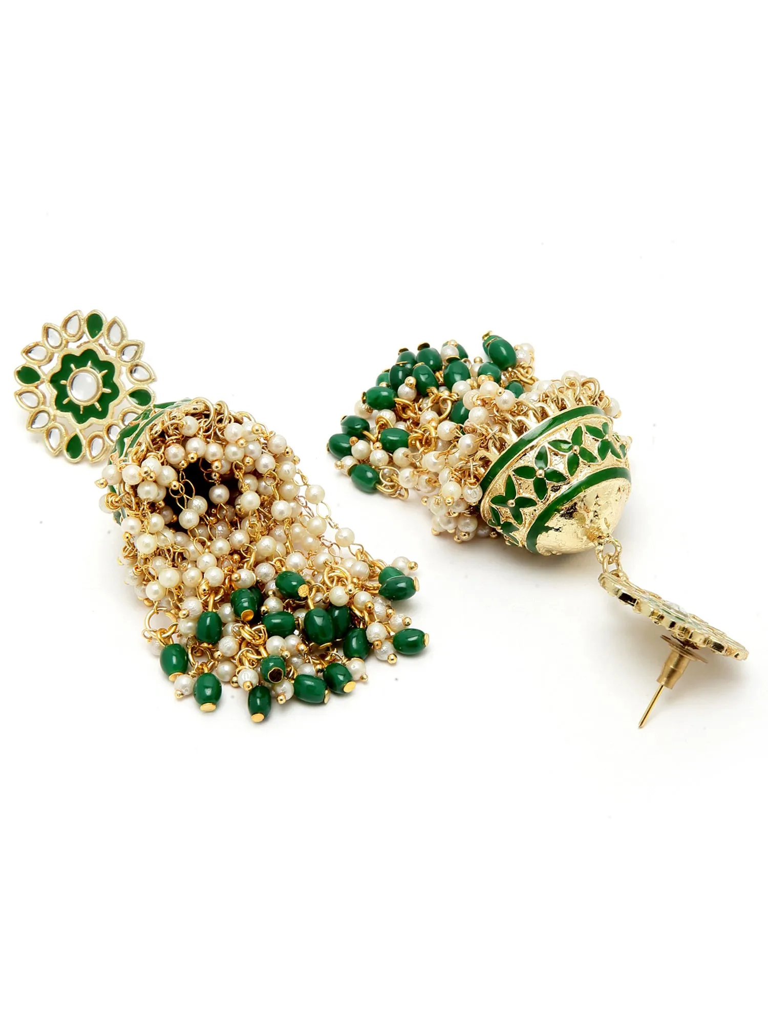 Green Tumble Stone and Pearl Jhumki Earrings for Women