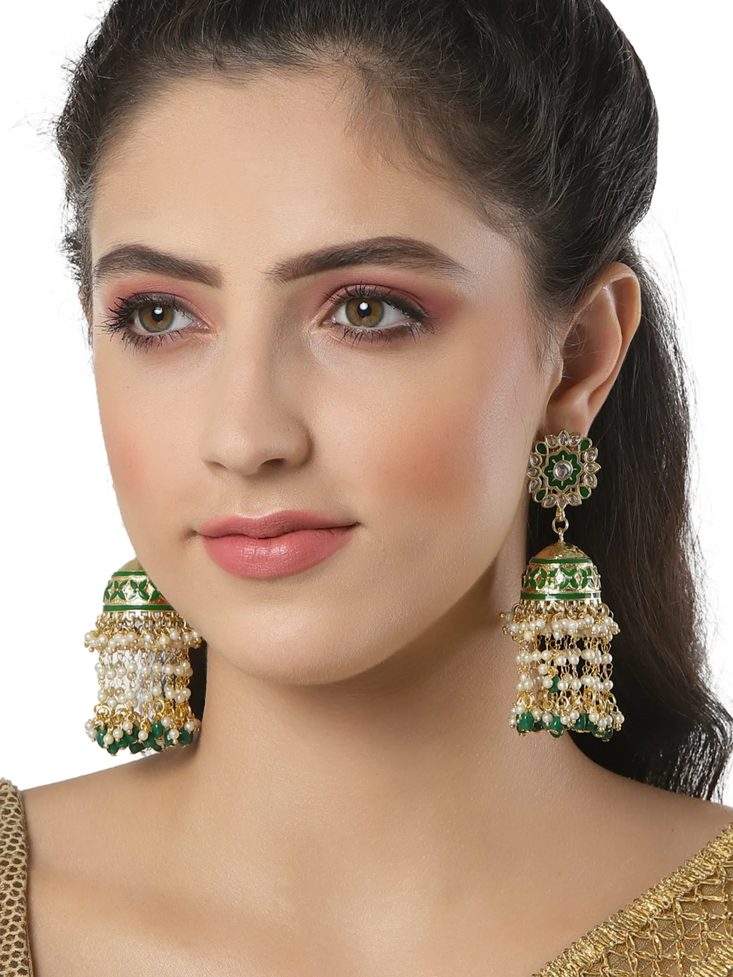 Green Tumble Stone and Pearl Jhumki Earrings for Women