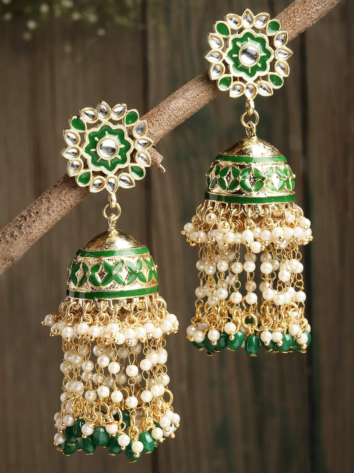 Green Tumble Stone and Pearl Jhumki Earrings for Women