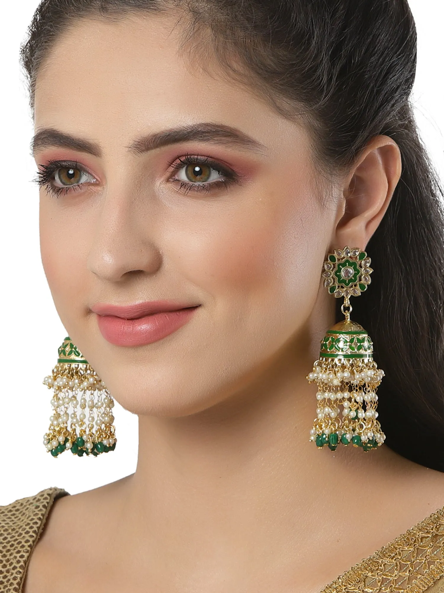 Green Tumble Stone and Pearl Jhumki Earrings for Women