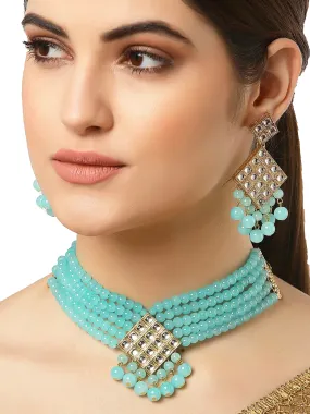 Handcrafted Blue Beads Gold Plated Kundan Choker Necklace Set