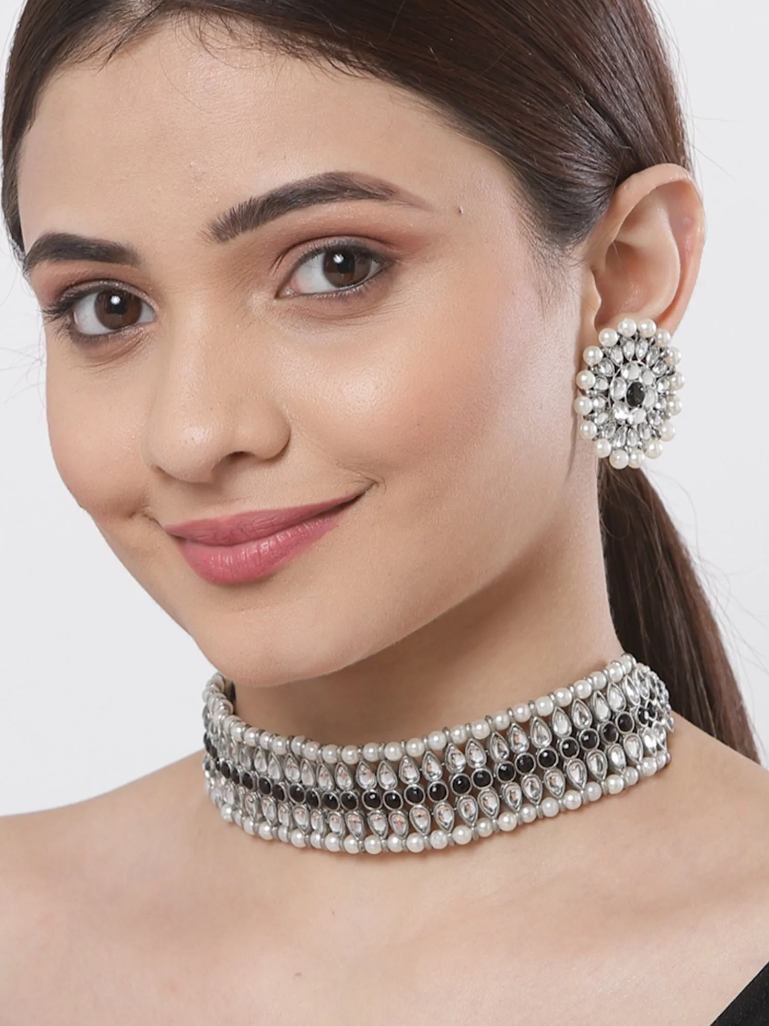 Handcrafted Oxidised Silver Black Kundan and Pearl Studded Choker Necklace Set