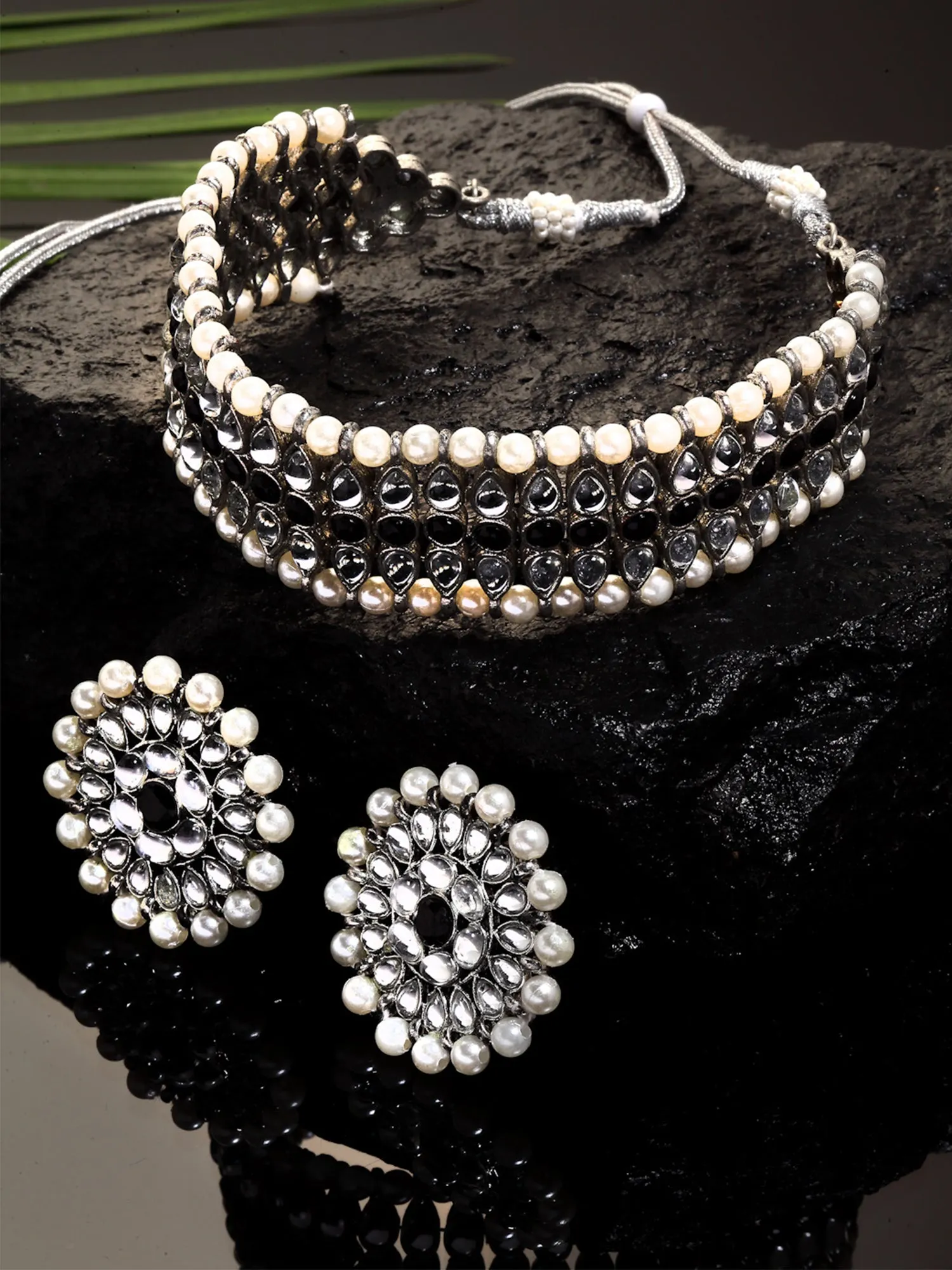 Handcrafted Oxidised Silver Black Kundan and Pearl Studded Choker Necklace Set