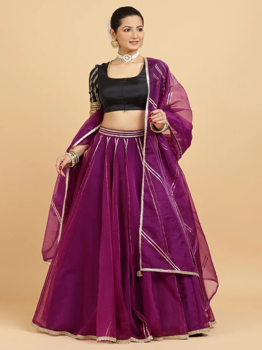 Heer Aziza 3-Piece Lehenga Set | Purple Lehenga, Charcoal Black Blouse | With Falak Purple Dupatta