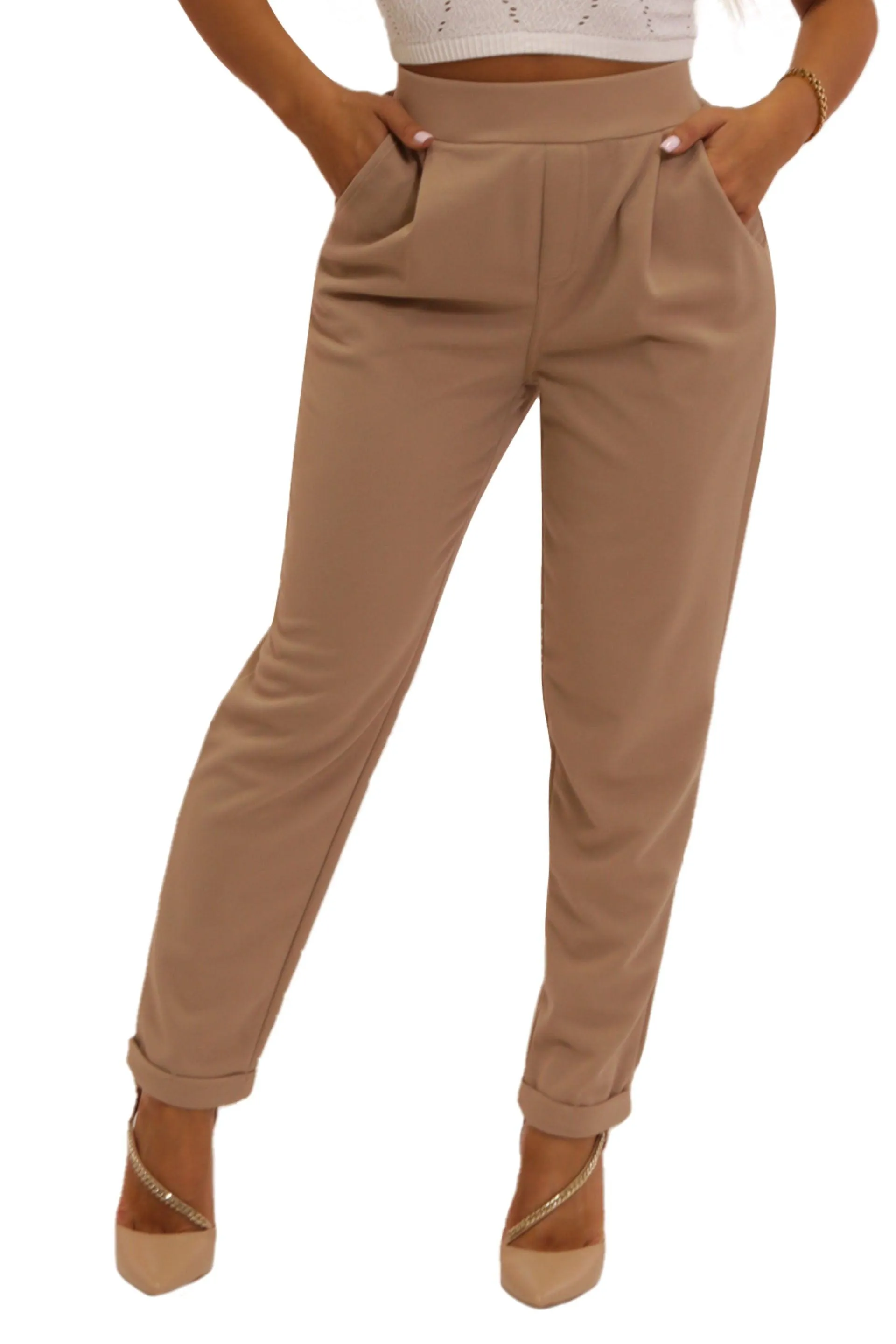 High Waist Knit Crepe Front Pleat Pull On Ankle Pants With Rolled Hem - Latte