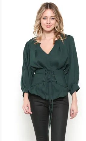 Hunter Green Corset Balloon Sleeve Top