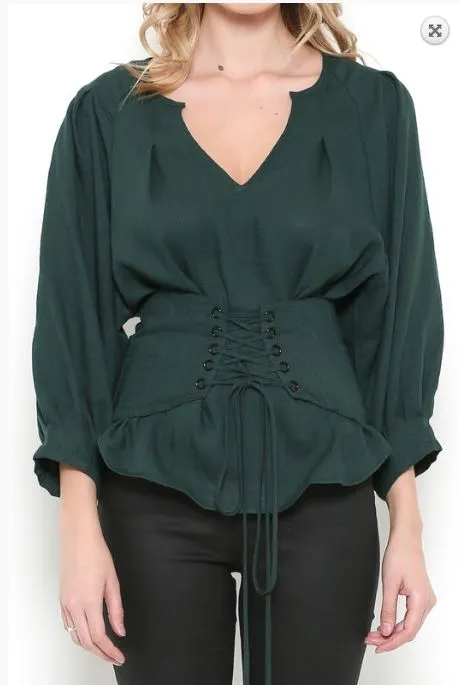 Hunter Green Corset Balloon Sleeve Top