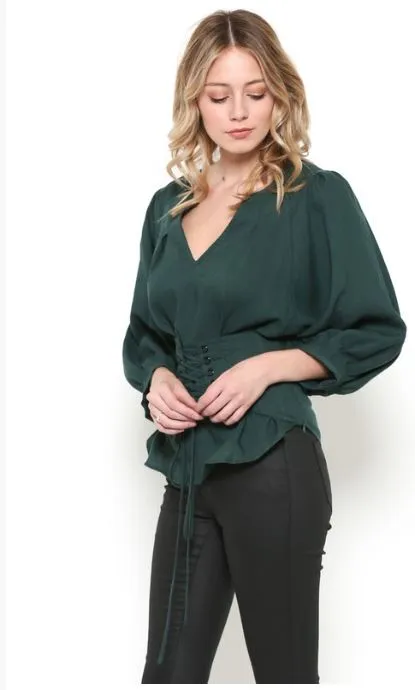 Hunter Green Corset Balloon Sleeve Top