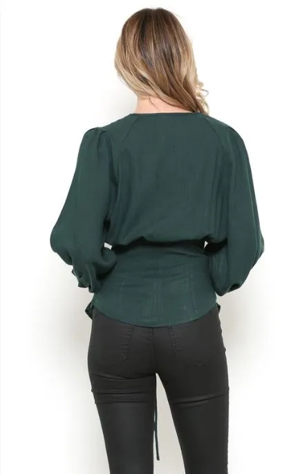 Hunter Green Corset Balloon Sleeve Top