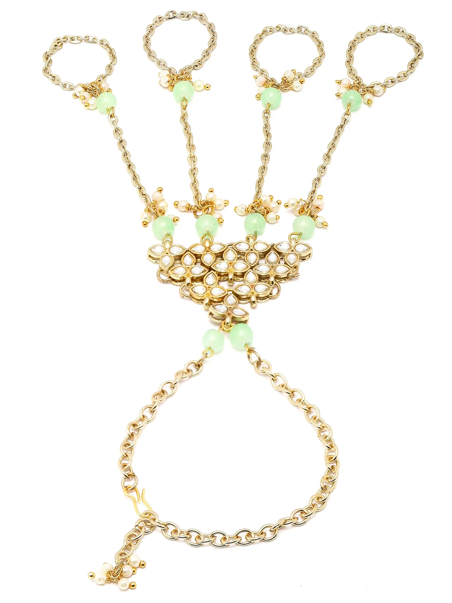 Karacart Gold Plated Light Green Beads Kundan Hathphool for Women