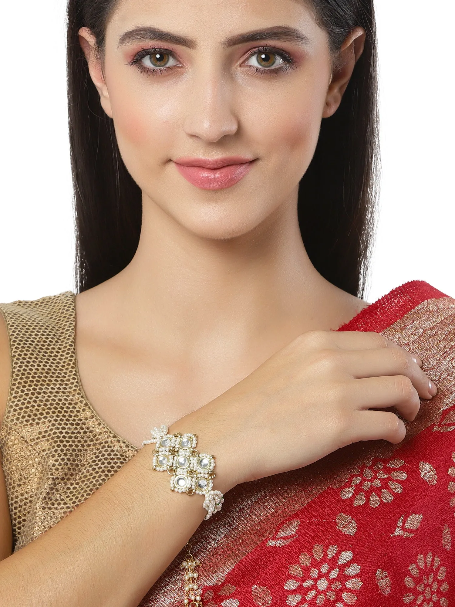 Karacart Gold Plated Pearl Beaded Kundan Bracelet for Women