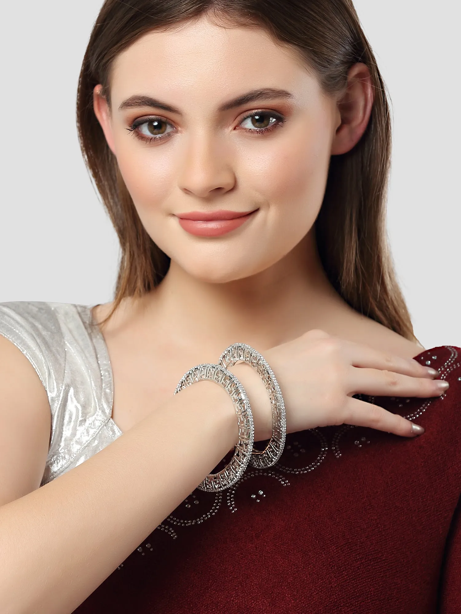 Karatcart AD Studded Set of 2 Silver-Plated Bangles for Women