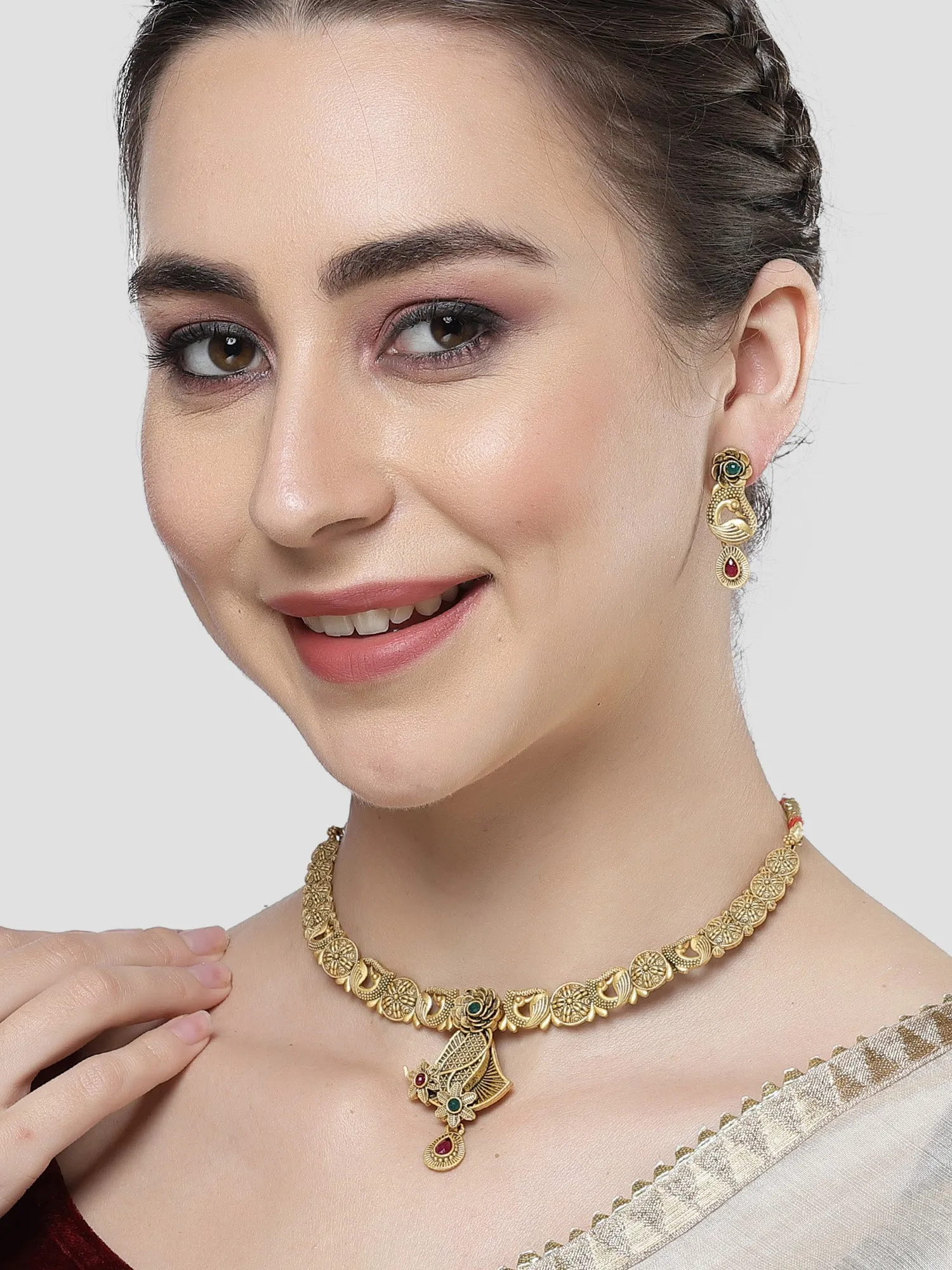 Karatcart Antique Gold Plated Floral Peacock Design Necklace Set for Women