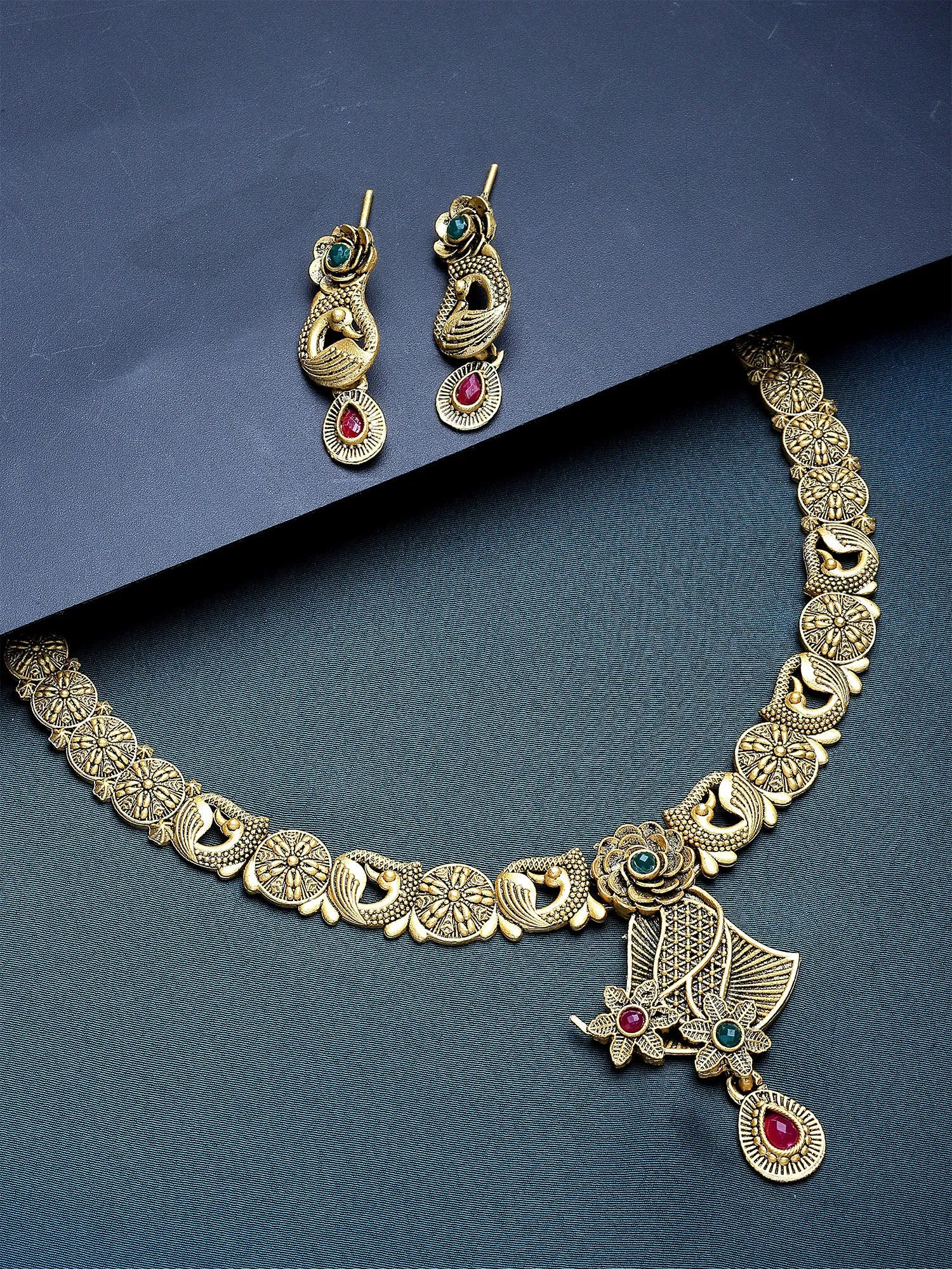 Karatcart Antique Gold Plated Floral Peacock Design Necklace Set for Women