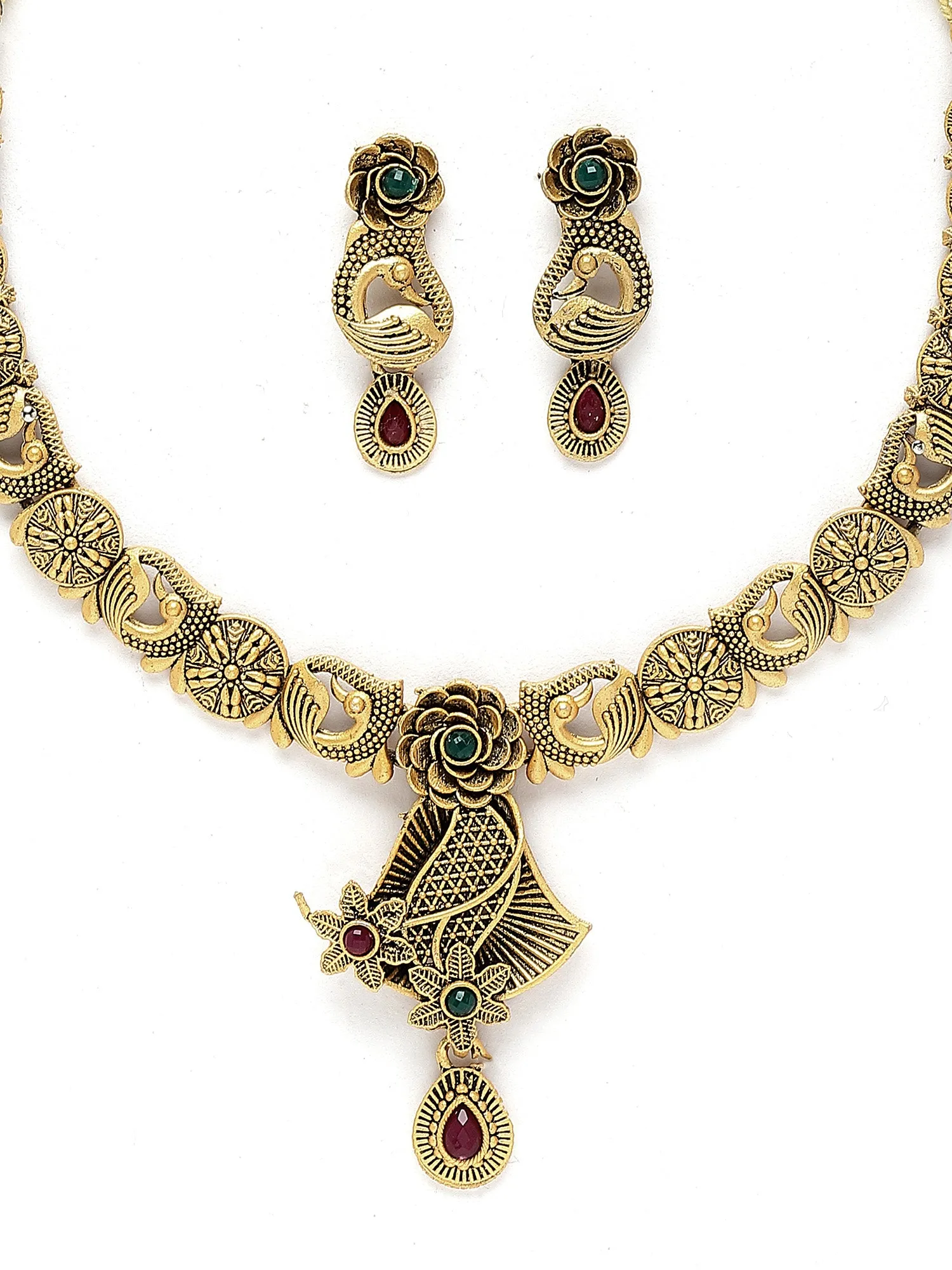 Karatcart Antique Gold Plated Floral Peacock Design Necklace Set for Women