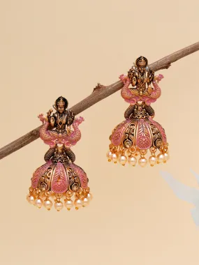 Karatcart Antique Gold Plated Pink Mata Laxmi Jhumki Earrings for Women