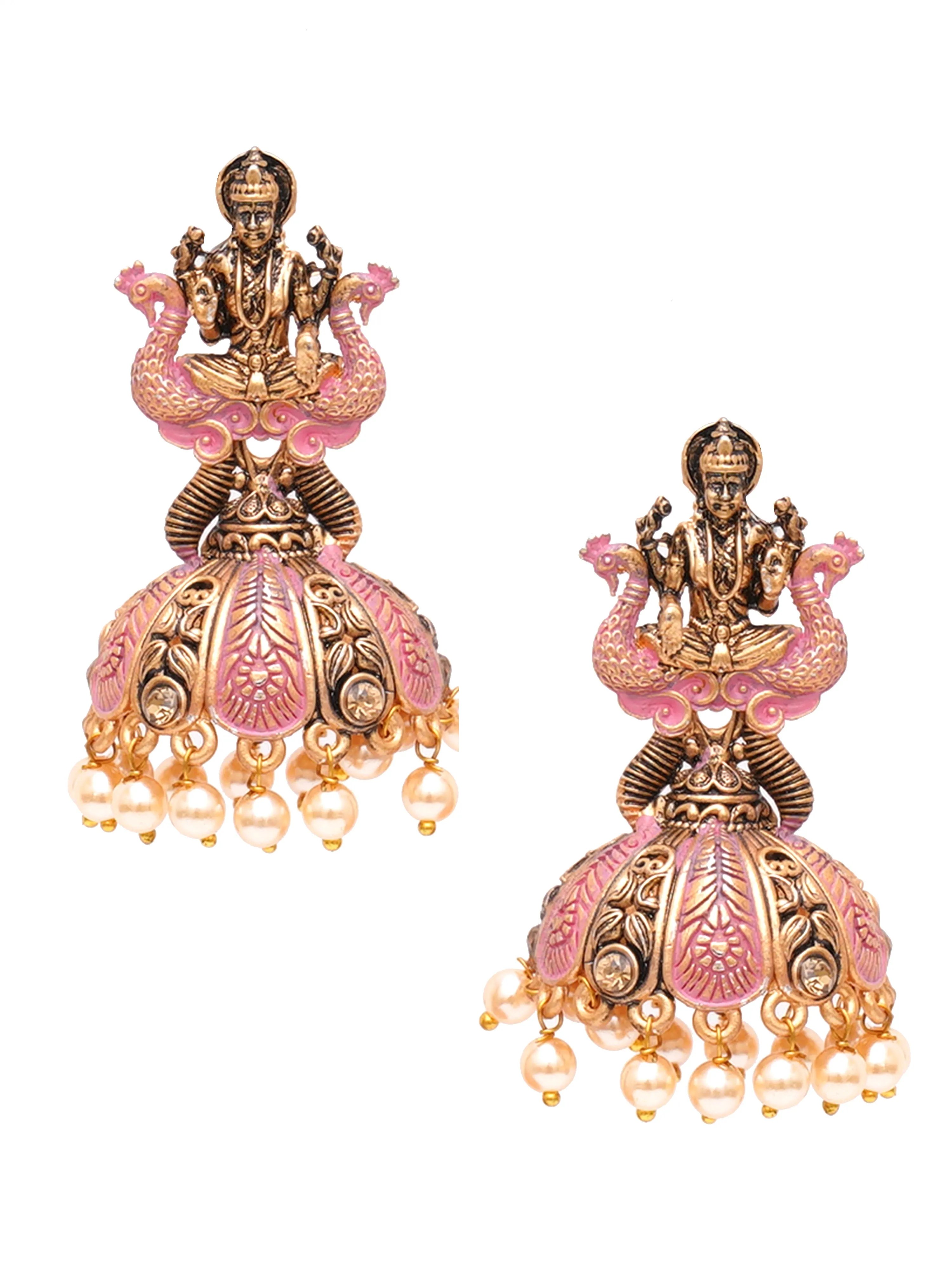 Karatcart Antique Gold Plated Pink Mata Laxmi Jhumki Earrings for Women