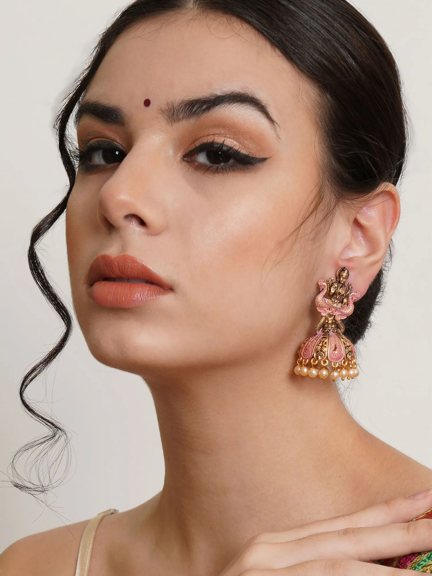 Karatcart Antique Gold Plated Pink Mata Laxmi Jhumki Earrings for Women