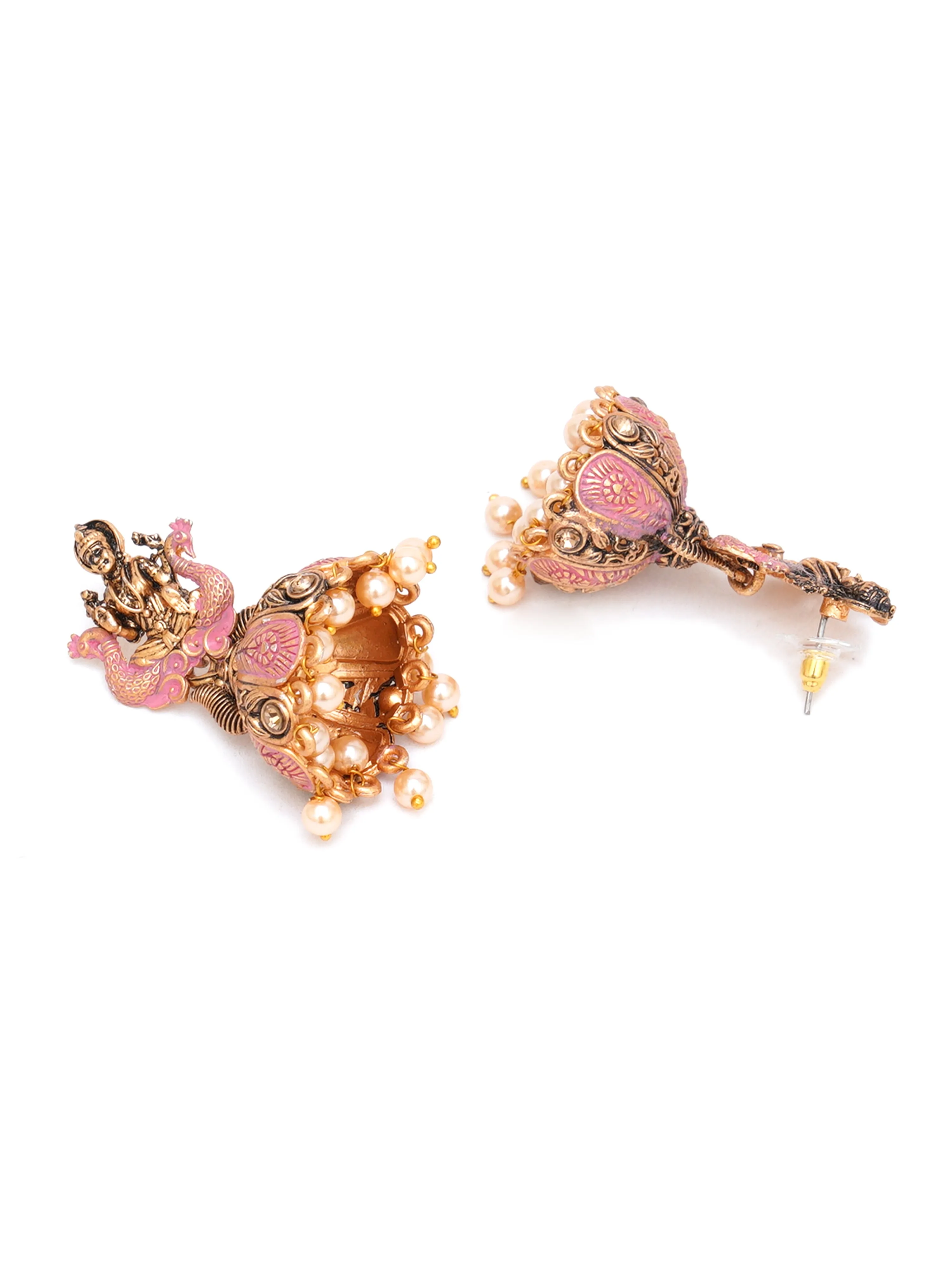 Karatcart Antique Gold Plated Pink Mata Laxmi Jhumki Earrings for Women