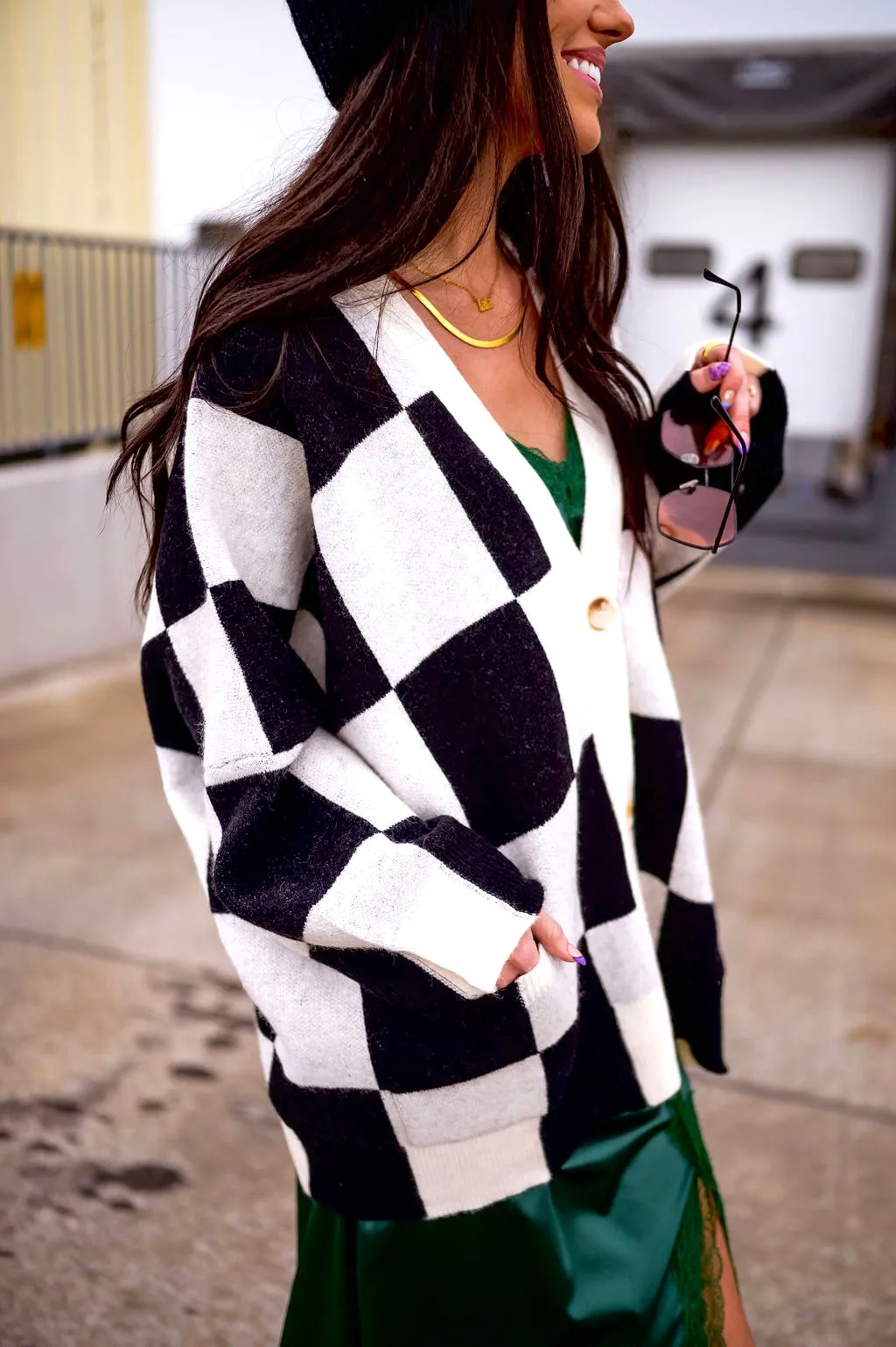 Love You Oversized Checkerboard Cardigan in Black   White *RESTOCKED*