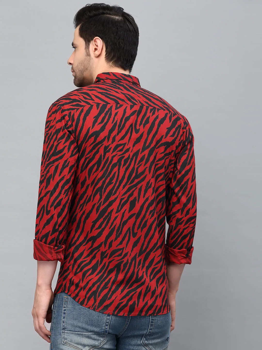 Maroon Zebra Printed Cut Away Collar Full Sleeve Shirt