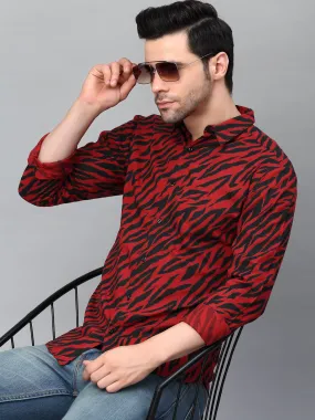 Maroon Zebra Printed Cut Away Collar Full Sleeve Shirt