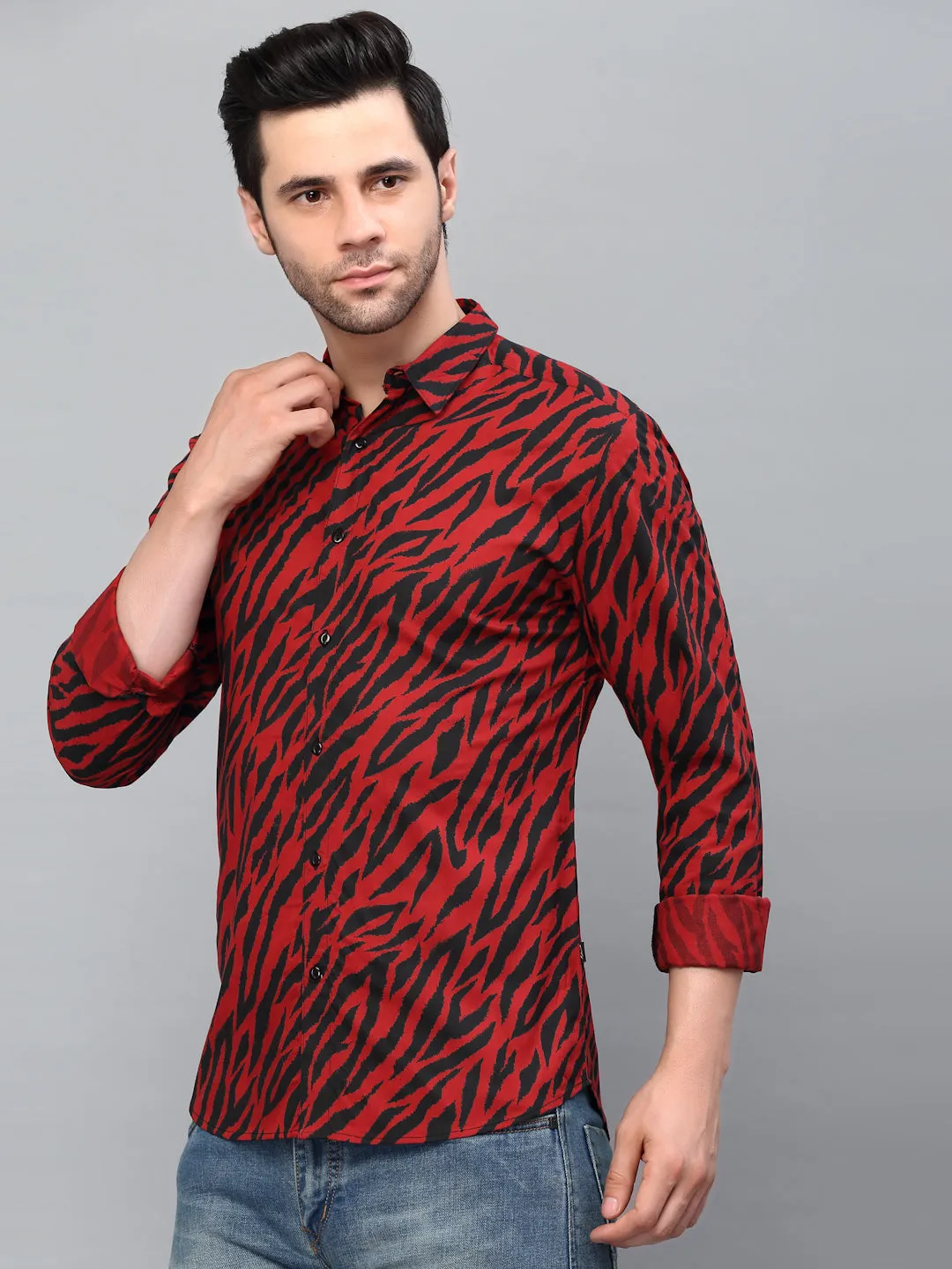 Maroon Zebra Printed Cut Away Collar Full Sleeve Shirt