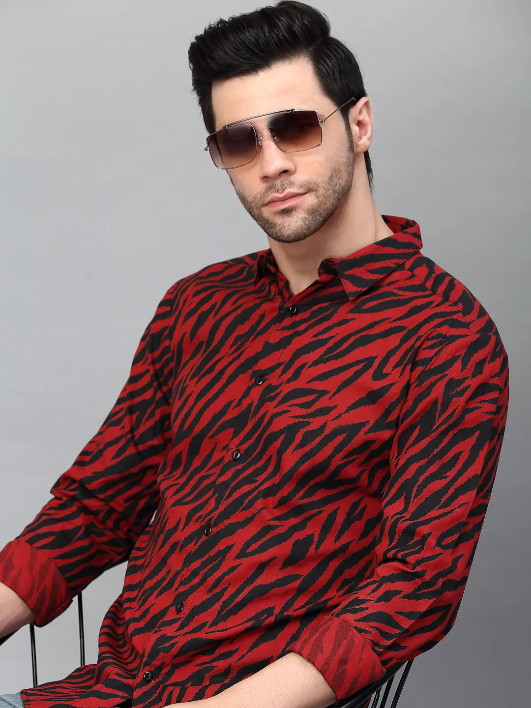 Maroon Zebra Printed Cut Away Collar Full Sleeve Shirt