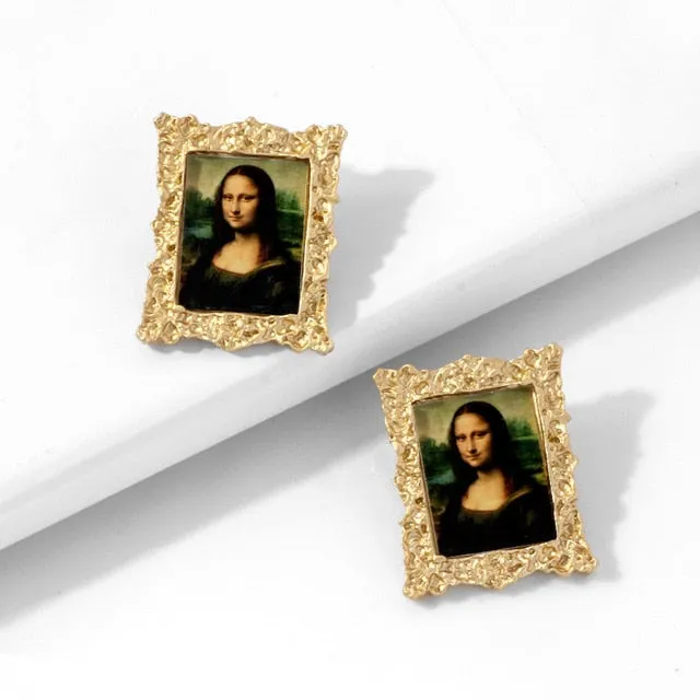 Mona Lisa Head Portrait Landscape Alloy Earrings with chain