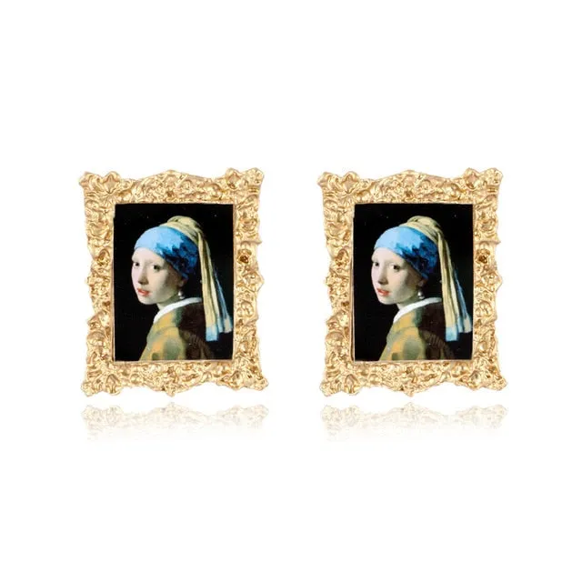 Mona Lisa Head Portrait Landscape Alloy Earrings with chain