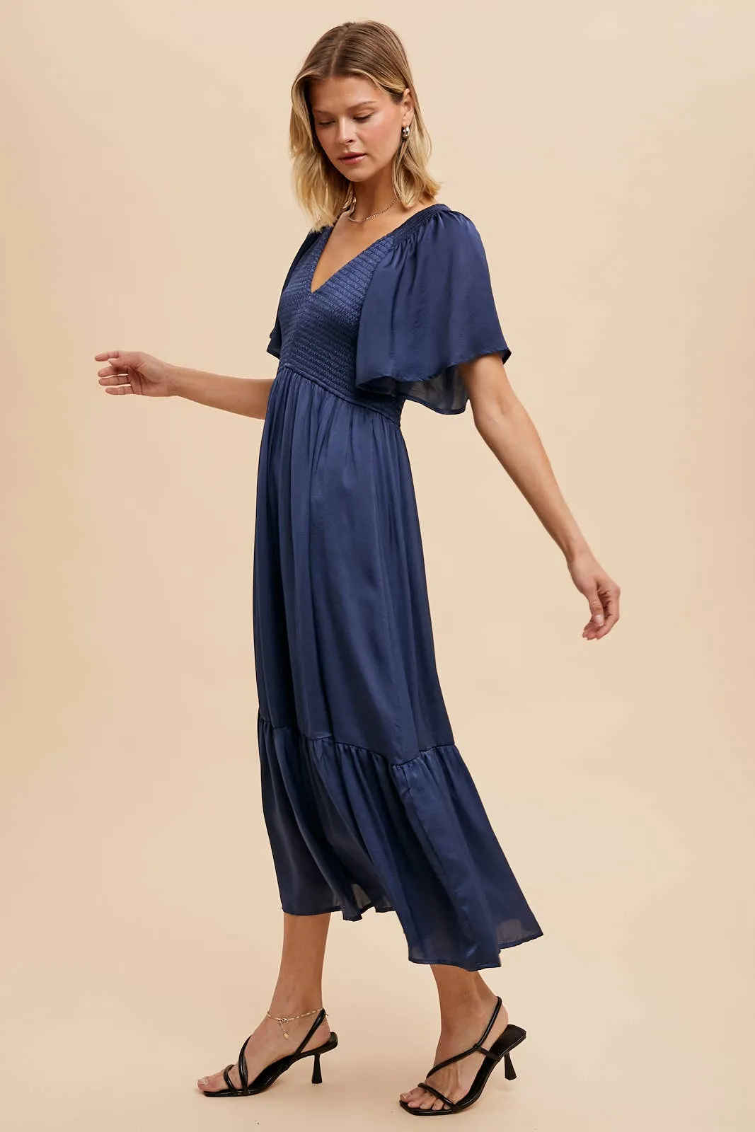 Navy Smocked Washed Satin Midi Dress