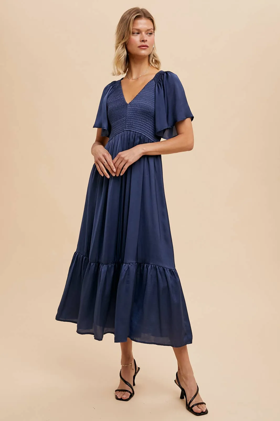 Navy Smocked Washed Satin Midi Dress