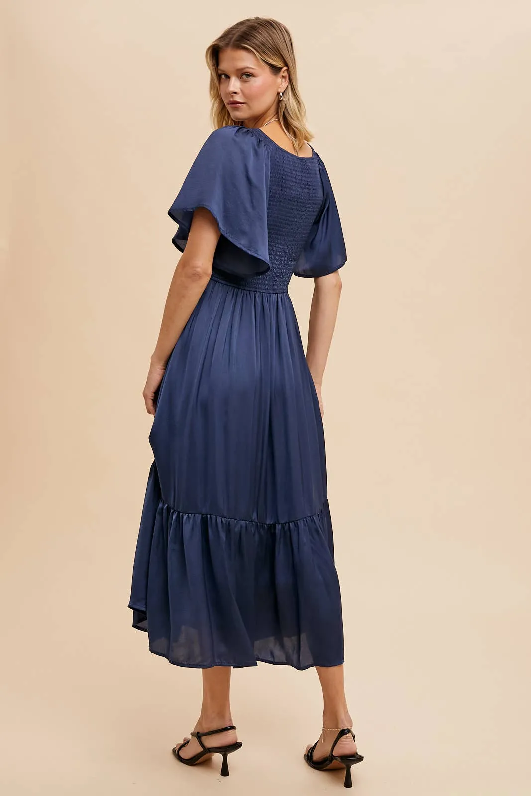 Navy Smocked Washed Satin Midi Dress