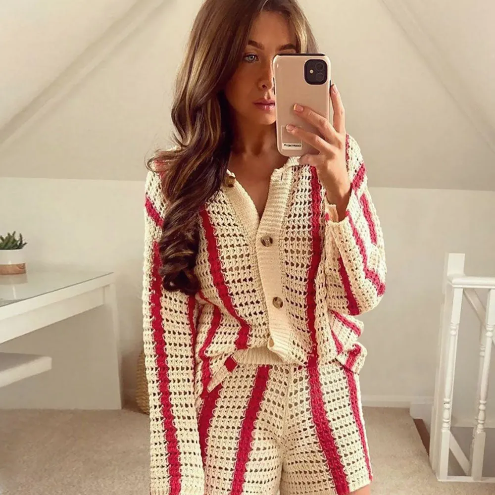 Oversized Collared Crochet Open Knit Red and White Striped Cardigan